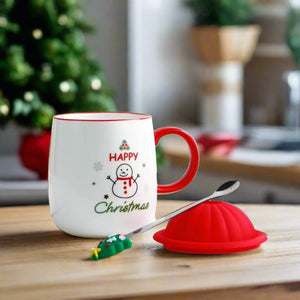 Merry Christmas Ceramic Mug With Lid Spoon