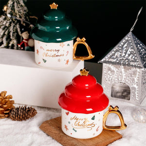 Christmas Tree Shaped Ceramic Mug With Lid