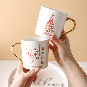 White Christmas Mug With Gold Handles