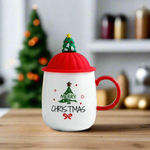 Merry Christmas Ceramic Mug With Lid Spoon