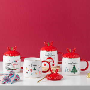 Simple Christmas Ceramic Mug With Lid Spoon