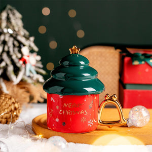 Christmas Tree Shaped Ceramic Mug With Lid