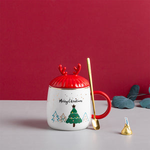 Simple Christmas Ceramic Mug With Lid Spoon