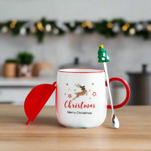 Merry Christmas Ceramic Mug With Lid Spoon