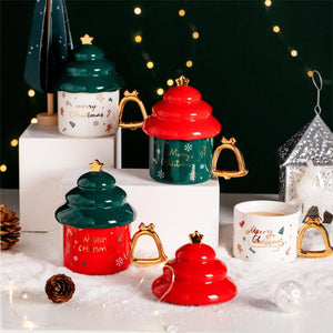 Christmas Tree Shaped Ceramic Mug With Lid