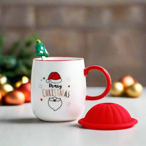 Merry Christmas Ceramic Mug With Lid Spoon