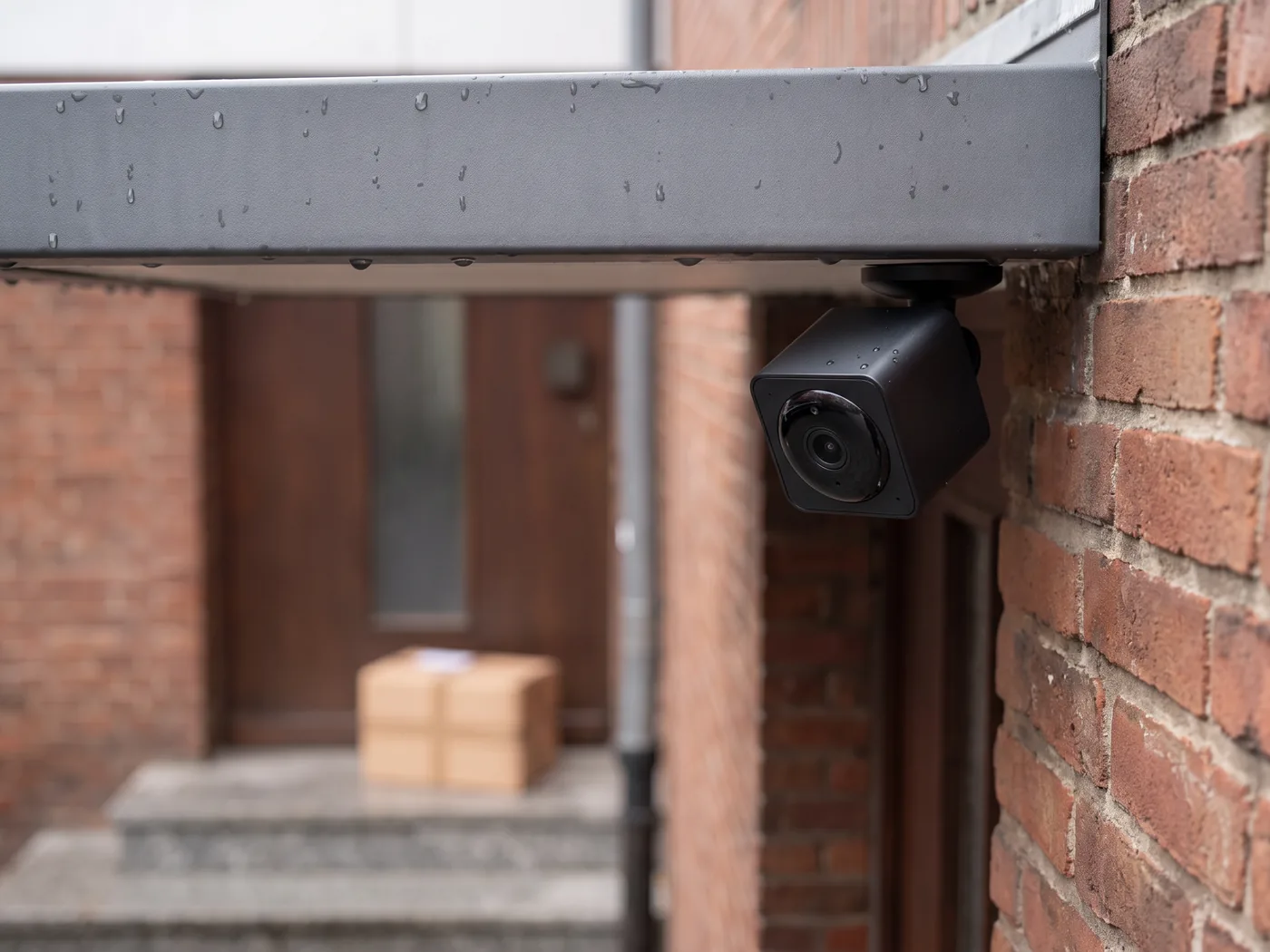 Kleine schwarze Mini-Kamera mit Magnetfuß unter dem metallenen Vordach, im Hintergrund ein Paket vor der Tür