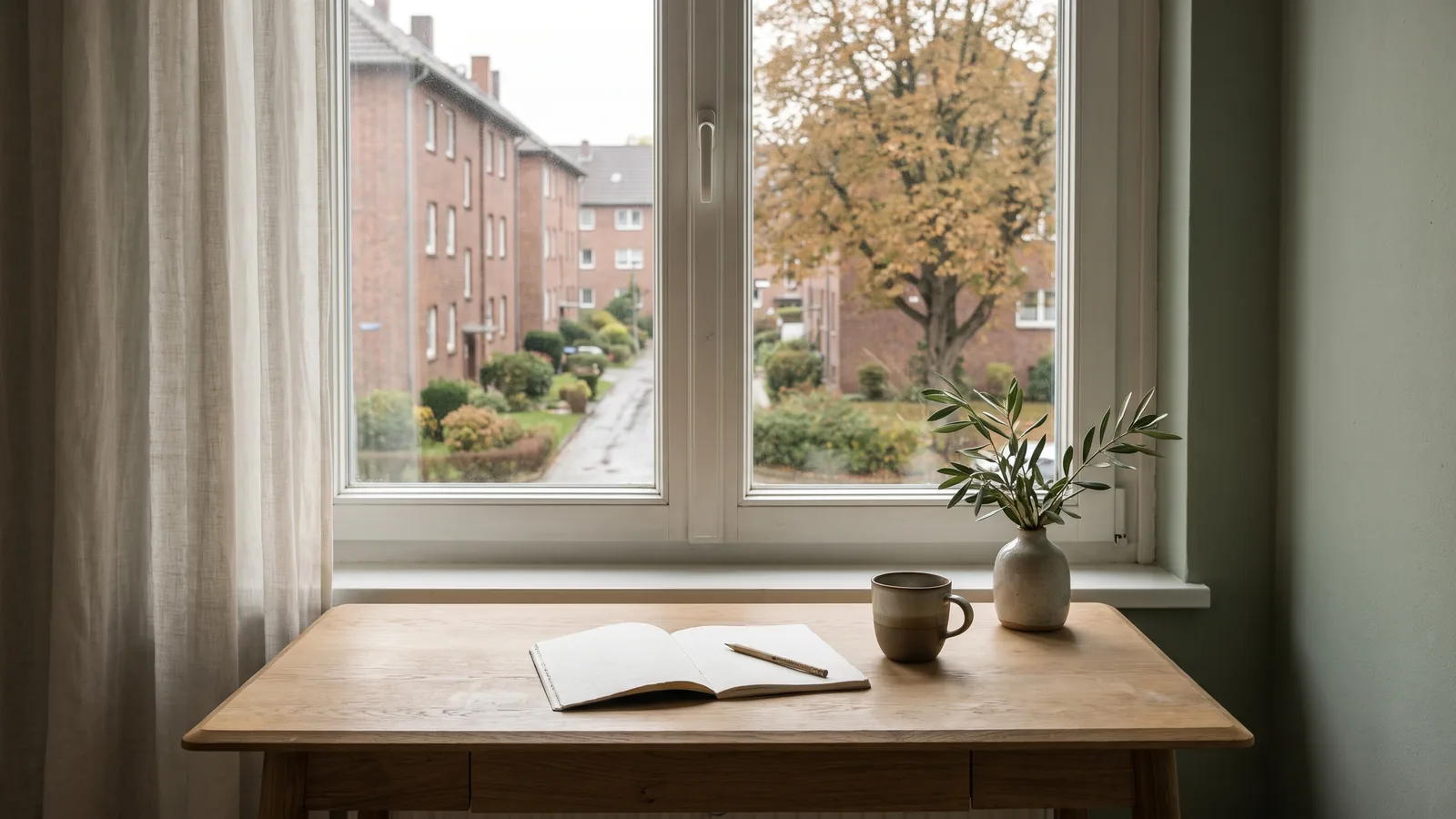 Heller Schreibtisch mit Notizbuch, Tasse und Olivenzweig vor einem Fenster auf eine Wohnstraße