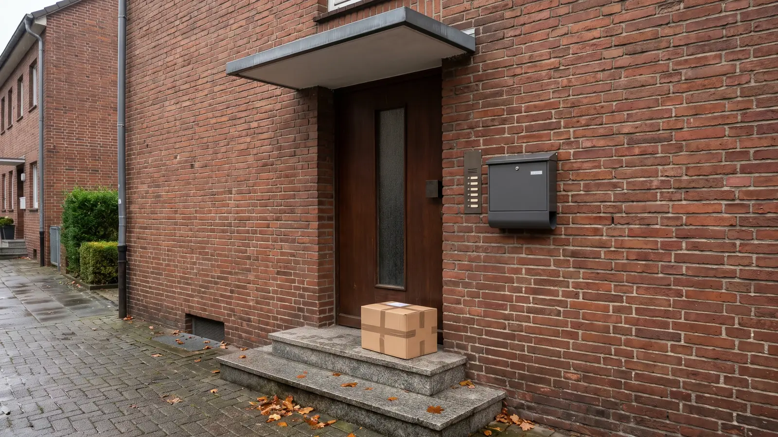 Karton auf der Steinstufe vor einer Haustür mit Vordach, daneben ein Briefkasten an der Klinkerfassade