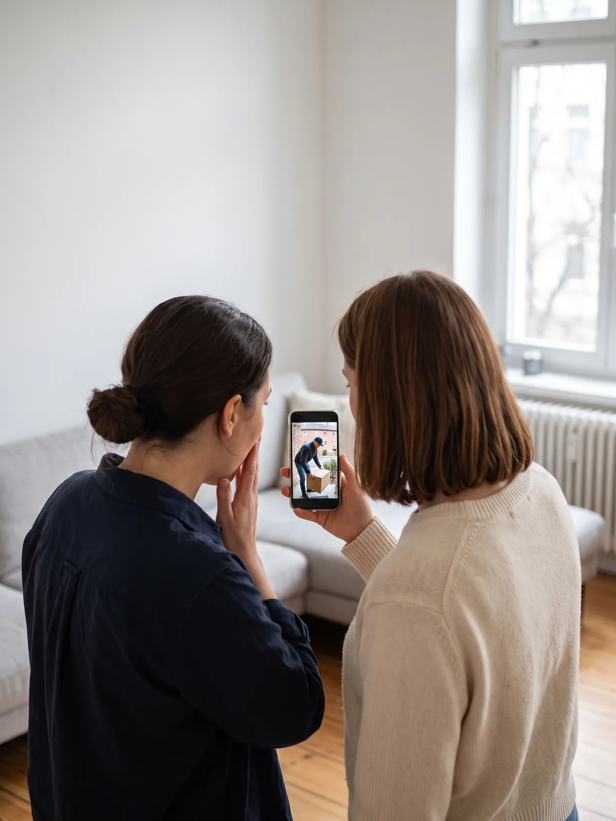 Zwei Frauen schauen gemeinsam auf ein Smartphone, dessen Kamerabild einen Mann zeigt, der ein Paket von der Stufe hebt