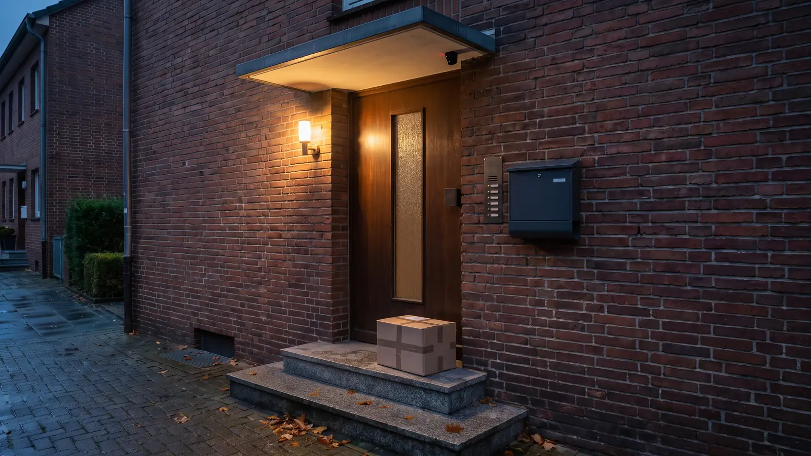 Hauseingang am Abend, eine Lampe beleuchtet die Stufe und ein Paket vor der Tür